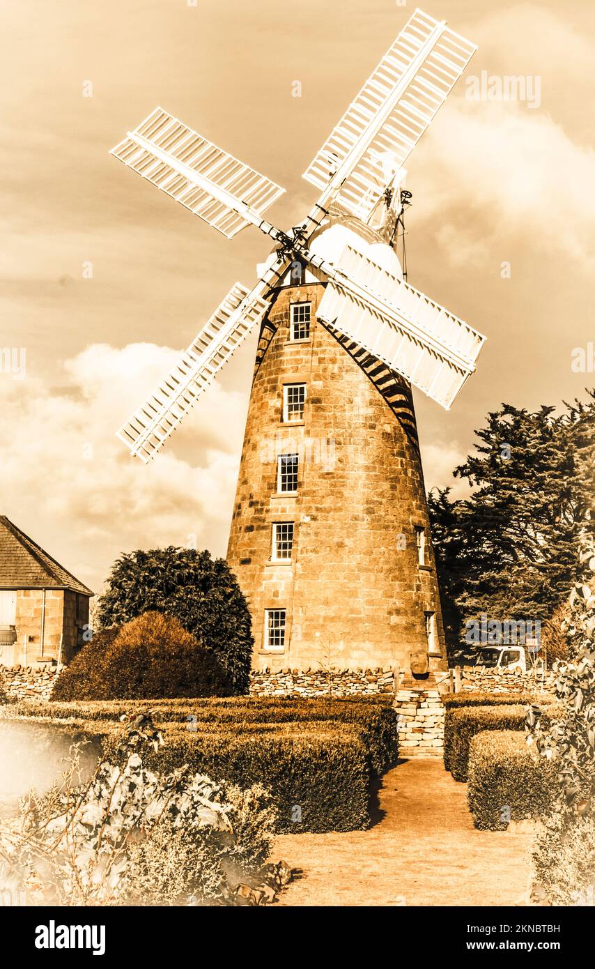 Fine art photograph on the classical Georgian windmill known as Callington Mill, built in 1837 in Oatlands, Tasmania, Australia Stock Photo