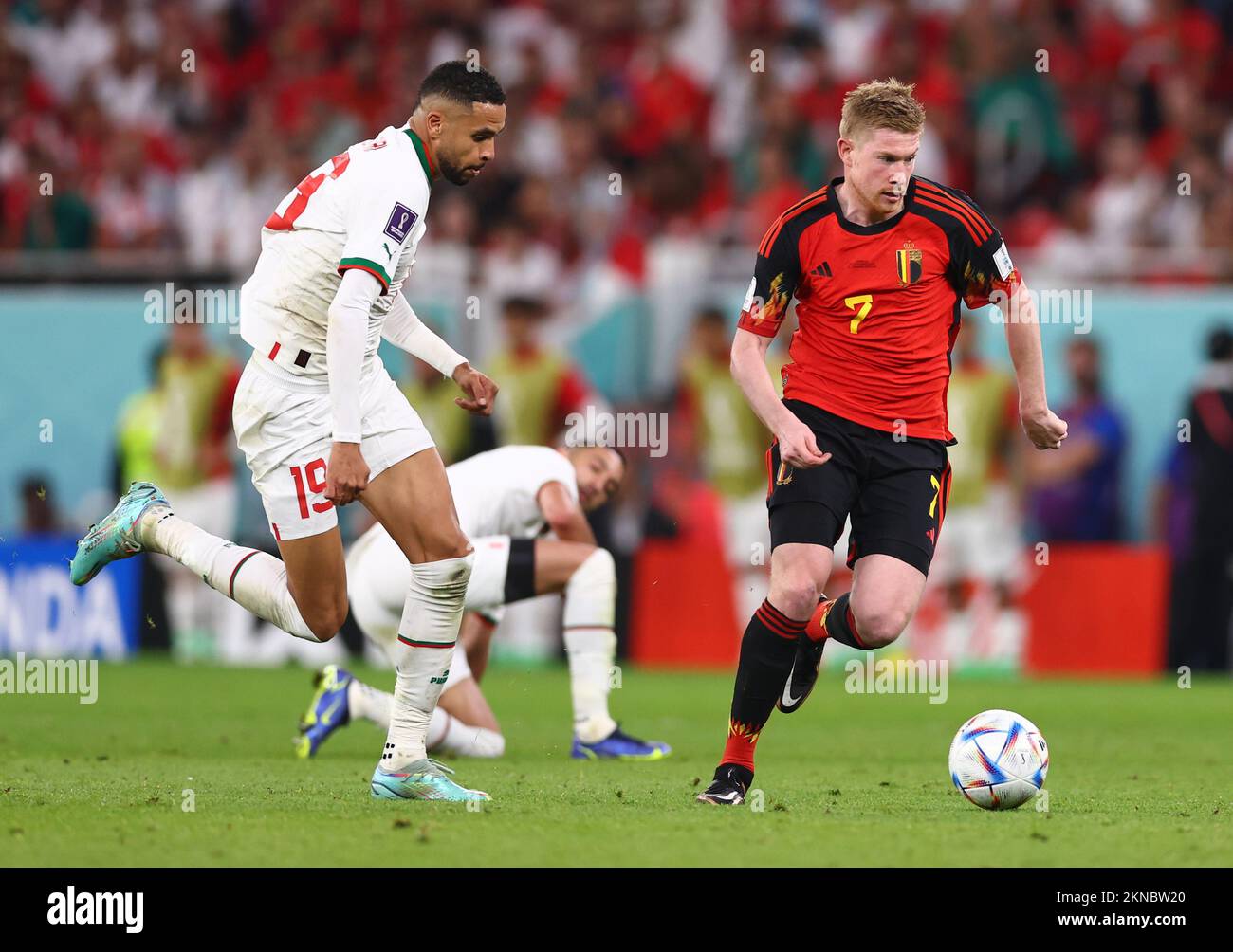 Doha, Qatar. 27th Nov, 2022. Youssef En-Nesyri of Morocco challenges Kevin De Bruyne of Belgium during the FIFA World Cup 2022 match at Al Thumama Stadium, Doha. Picture credit should read: David Klein/Sportimage Credit: Sportimage/Alamy Live News Stock Photo