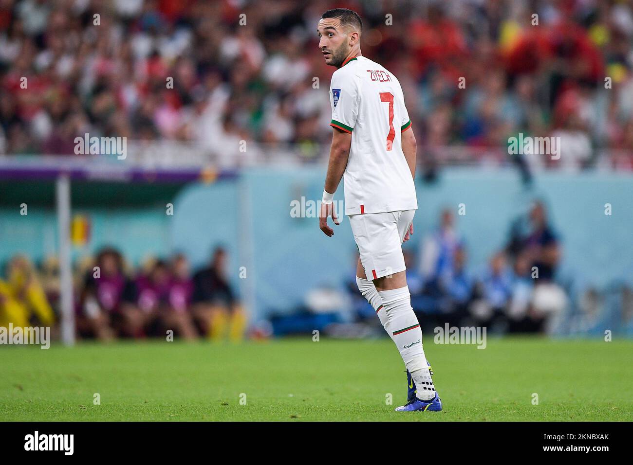 DOHA, QATAR - NOVEMBER 27: Hakim Ziyech of Morocco looks on during the Group F - FIFA World Cup Qatar 2022 match between Belgium and Morocco at the Al Thumama Stadium on November 27, 2022 in Doha, Qatar (Photo by Pablo Morano/BSR Agency) Stock Photo