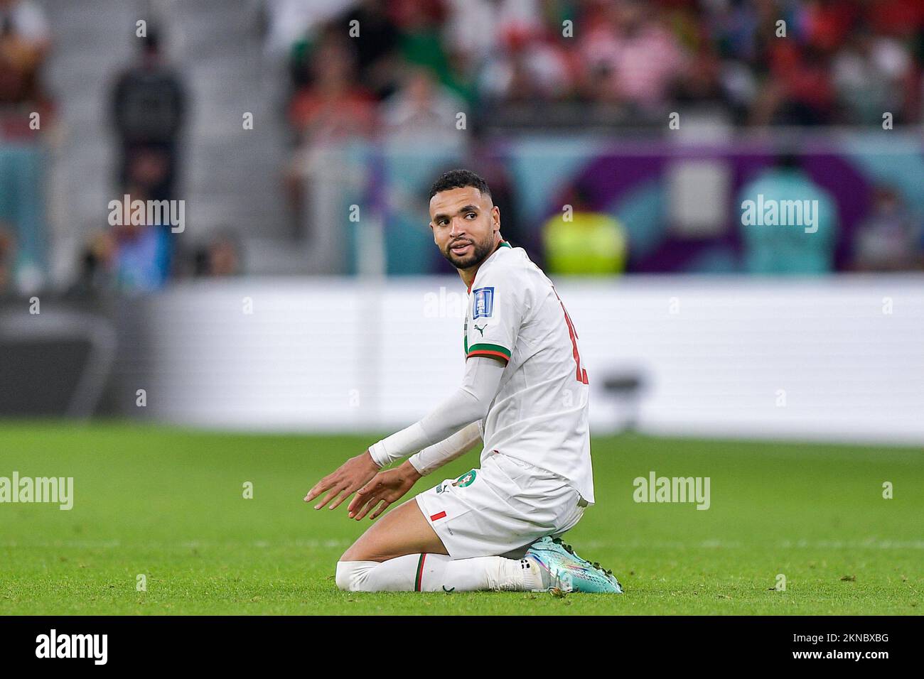 DOHA, QATAR - NOVEMBER 27: Youssef En Nesyri of Morocco looks on during the Group F - FIFA World Cup Qatar 2022 match between Belgium and Morocco at the Al Thumama Stadium on November 27, 2022 in Doha, Qatar (Photo by Pablo Morano/BSR Agency) Stock Photo