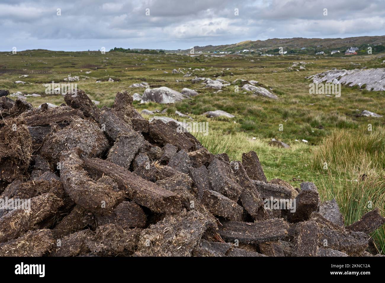 peat turf is still cuttet to a large amount in Ireland. Peat turf is one of the most important fuels all over Ireland Stock Photo