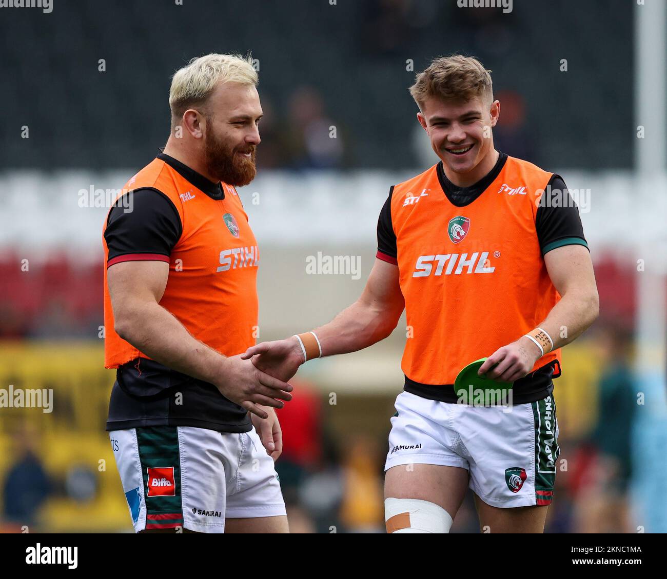 Leicester, UK. 27th Nov, 2022. Charlie Atkinson and Tom Cowan-Dickie of Leicester Tigers share a joke during the pre-match warm-up ahead of the Gallagher Premiership match Leicester Tigers vs London Irish at Mattioli Woods Welford Road, Leicester, United Kingdom, 27th November 2022 (Photo by Nick Browning/News Images) in Leicester, United Kingdom on 11/27/2022. (Photo by Nick Browning/News Images/Sipa USA) Credit: Sipa USA/Alamy Live News Stock Photo