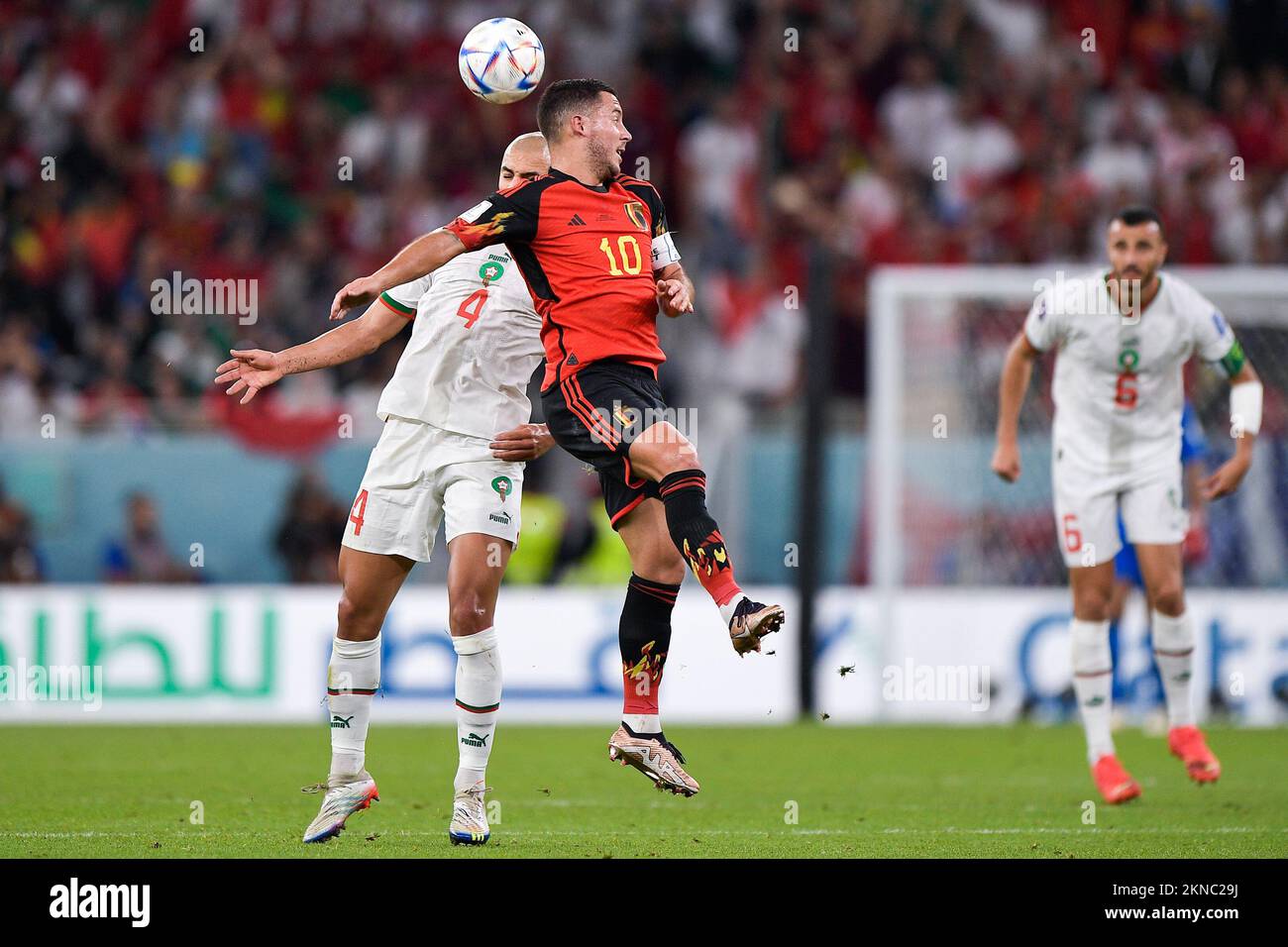 DOHA, QATAR - NOVEMBER 27: Sofyan Amrabat of Morocco battles for the ball with Eden Hazard of Belgium during the Group F - FIFA World Cup Qatar 2022 match between Belgium and Morocco at the Al Thumama Stadium on November 27, 2022 in Doha, Qatar (Photo by Pablo Morano/BSR Agency) Stock Photo