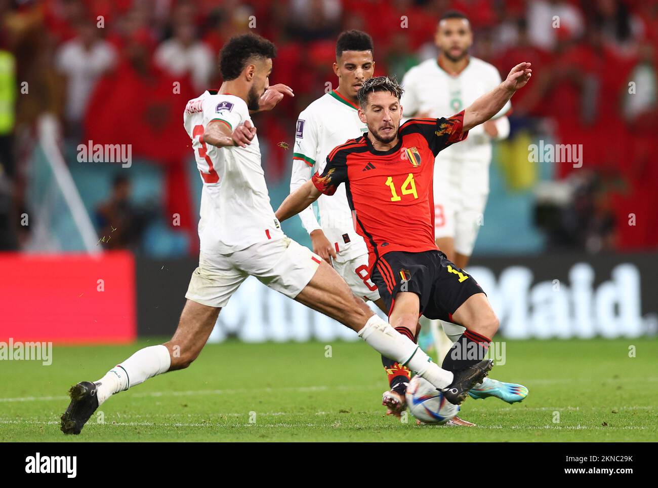 Doha, Qatar. 27th Nov, 2022. Noussair Mazraqui of Morocco challenges Dries Mertens of Belgium during the FIFA World Cup 2022 match at Al Thumama Stadium, Doha. Picture credit should read: David Klein/Sportimage Credit: Sportimage/Alamy Live News Stock Photo