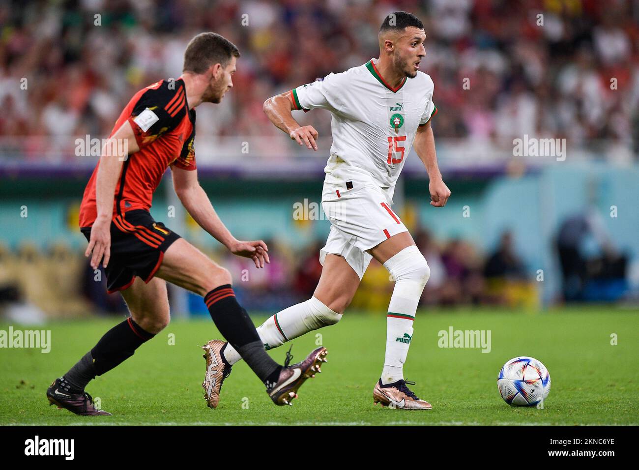DOHA, QATAR - NOVEMBER 27: Jan Vertonghen of Belgium battles for the ball with Selim Amallah of Morocco during the Group F - FIFA World Cup Qatar 2022 match between Belgium and Morocco at the Al Thumama Stadium on November 27, 2022 in Doha, Qatar (Photo by Pablo Morano/BSR Agency) Stock Photo