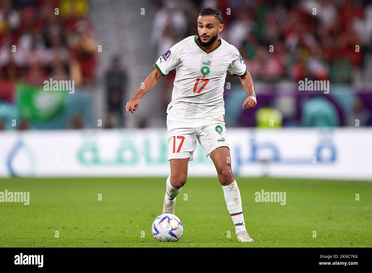 DOHA, QATAR - NOVEMBER 27: Sofiane Boufal of Morocco runs with the ball during the Group F - FIFA World Cup Qatar 2022 match between Belgium and Morocco at the Al Thumama Stadium on November 27, 2022 in Doha, Qatar (Photo by Pablo Morano/BSR Agency) Stock Photo
