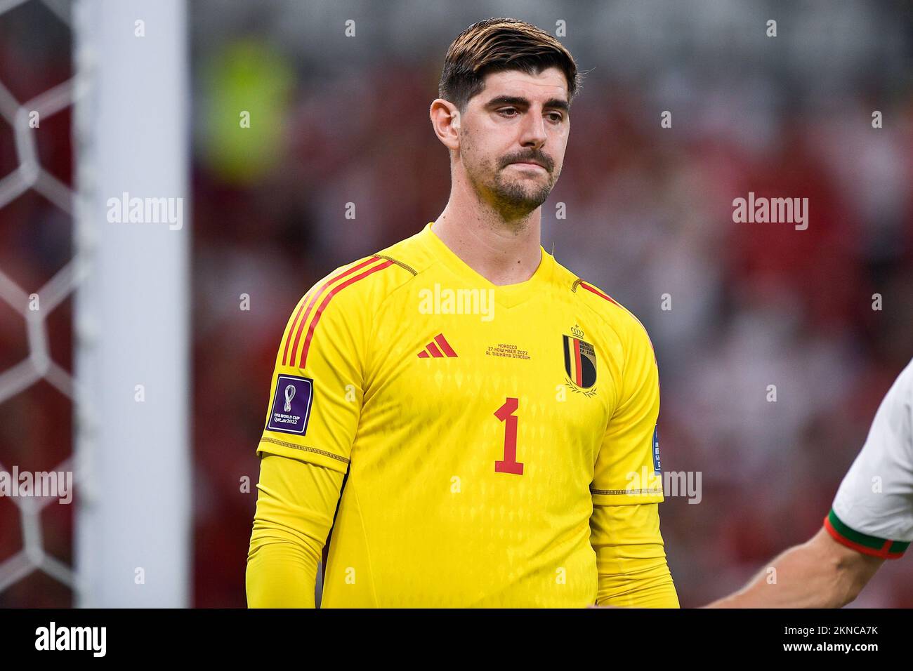 DOHA, QATAR - NOVEMBER 27: Thibaut Courtois of Belgium looks dejected after conceding his sides first goal during the Group F - FIFA World Cup Qatar 2022 match between Belgium and Morocco at the Al Thumama Stadium on November 27, 2022 in Doha, Qatar (Photo by Pablo Morano/BSR Agency) Stock Photo