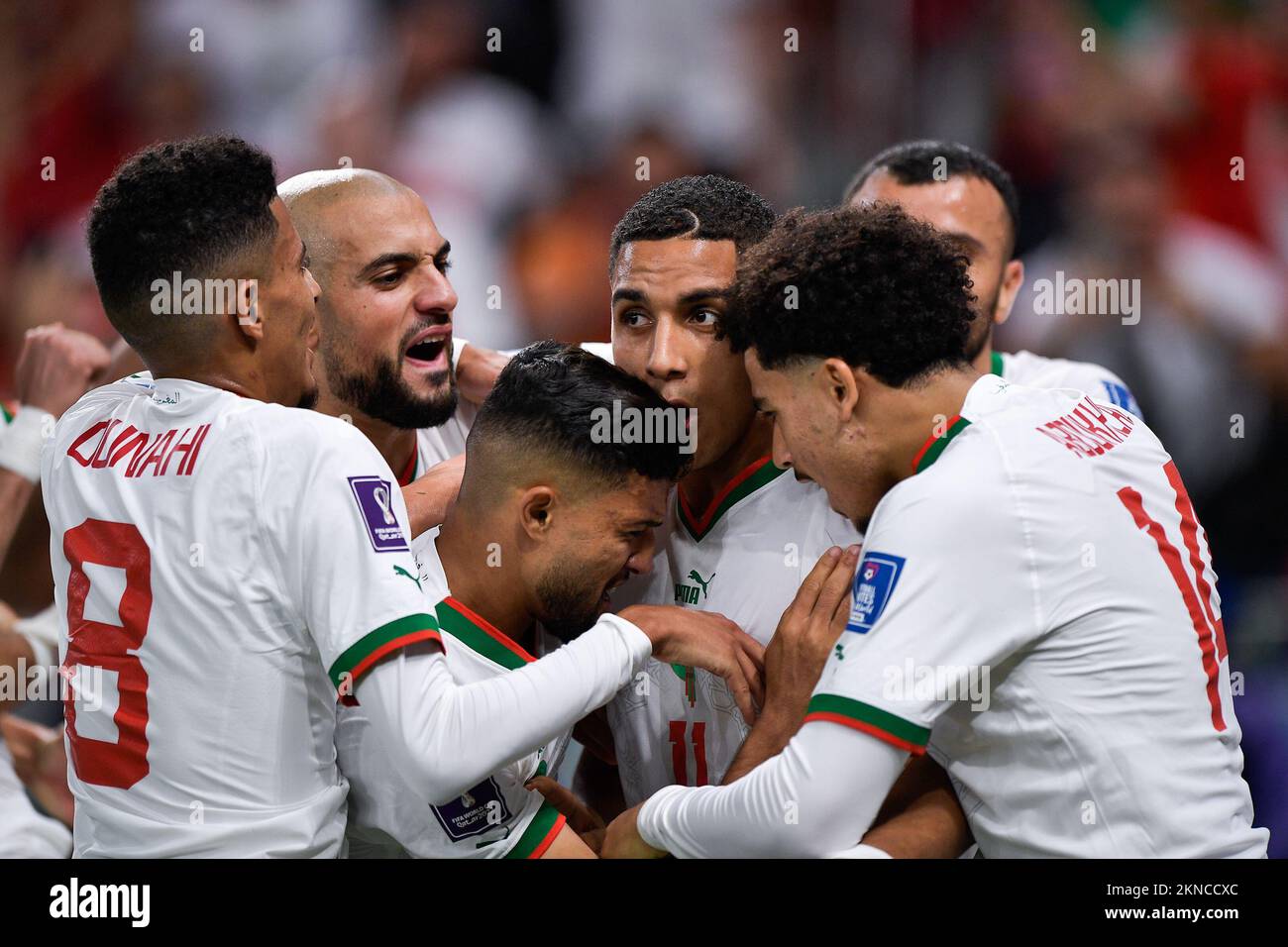 DOHA, QATAR - NOVEMBER 27: Abdelhamid Sabiri of Morocco celebrates after scoring his sides first goal with Yahya Attiat Allah of Morocco and Zakaria Aboukhlal of Morocco and Azzedine Ounahi of Morocco during the Group F - FIFA World Cup Qatar 2022 match between Belgium and Morocco at the Al Thumama Stadium on November 27, 2022 in Doha, Qatar (Photo by Pablo Morano/BSR Agency) Stock Photo