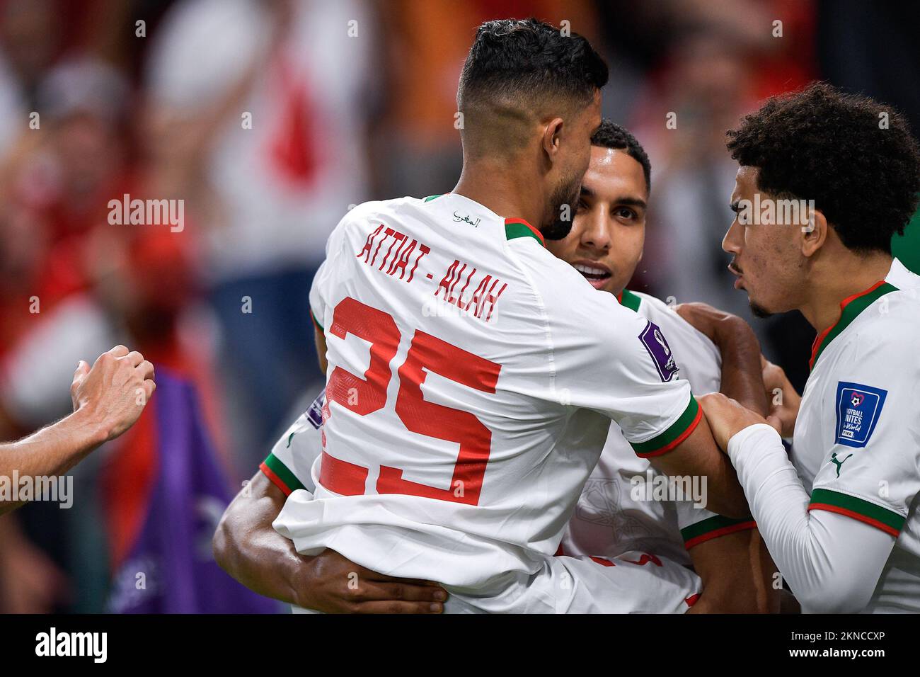 DOHA, QATAR - NOVEMBER 27: Abdelhamid Sabiri of Morocco celebrates after scoring his sides first goal with Yahya Attiat Allah of Morocco and Zakaria Aboukhlal of Morocco during the Group F - FIFA World Cup Qatar 2022 match between Belgium and Morocco at the Al Thumama Stadium on November 27, 2022 in Doha, Qatar (Photo by Pablo Morano/BSR Agency) Stock Photo