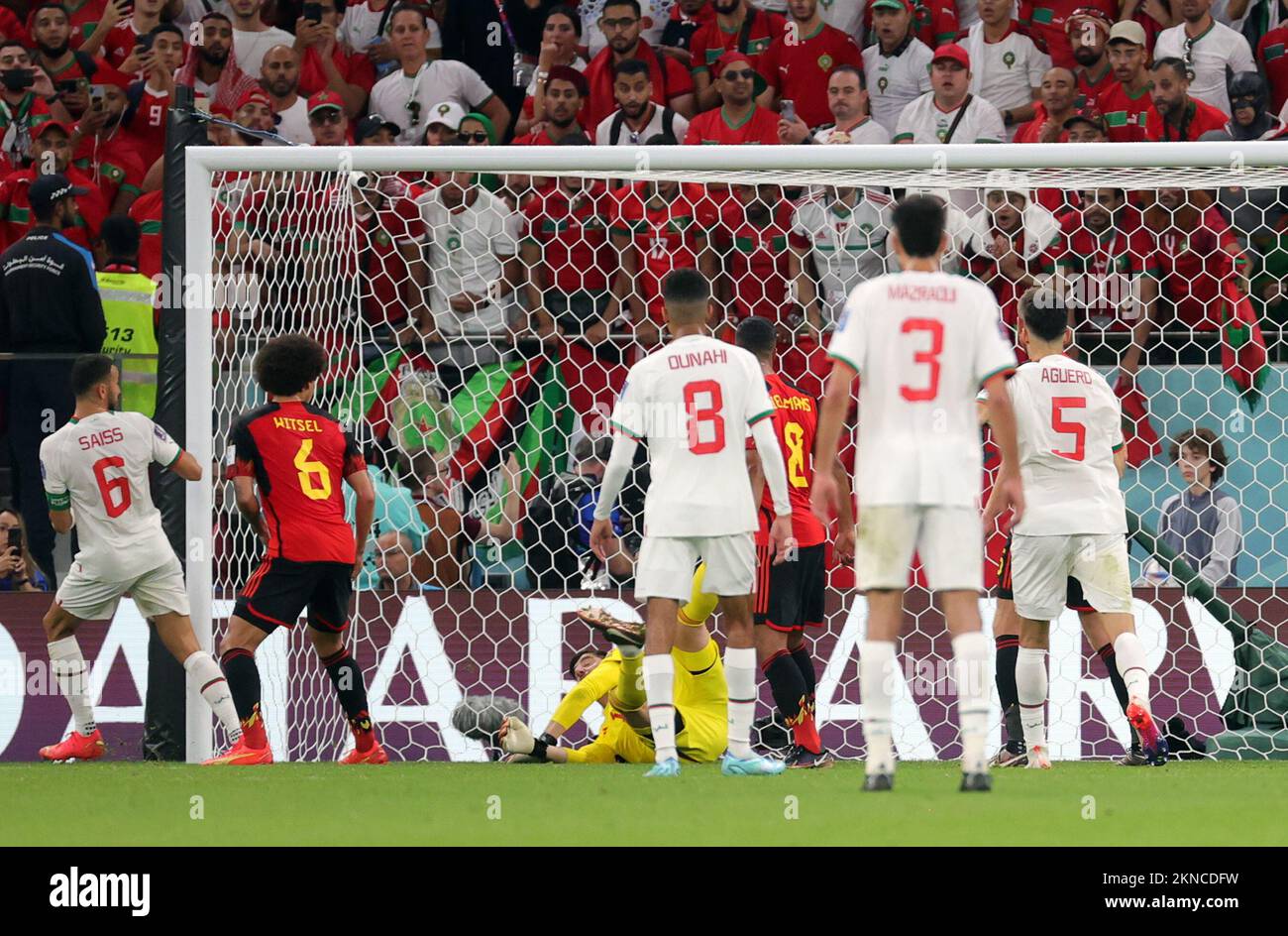 Belgium's goalkeeper Thibaut Courtois pictured in action during a soccer game between Belgium's national team the Red Devils and Morocco, in Group F of the FIFA 2022 World Cup in Al Thumama Stadium, Doha, State of Qatar on Sunday 27 November 2022. BELGA PHOTO VIRGINIE LEFOUR Stock Photo