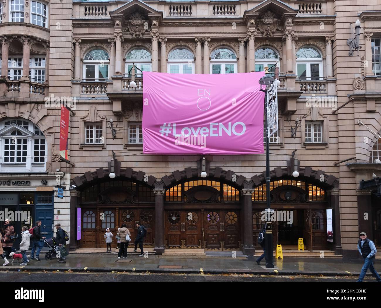 St Martin's Lane, London, UK. 27th Nov 2022. Banners at ENO in London, in response to funding cuts if it doesn't move to Manchester. Credit: Matthew Chattle/Alamy Live News Stock Photo