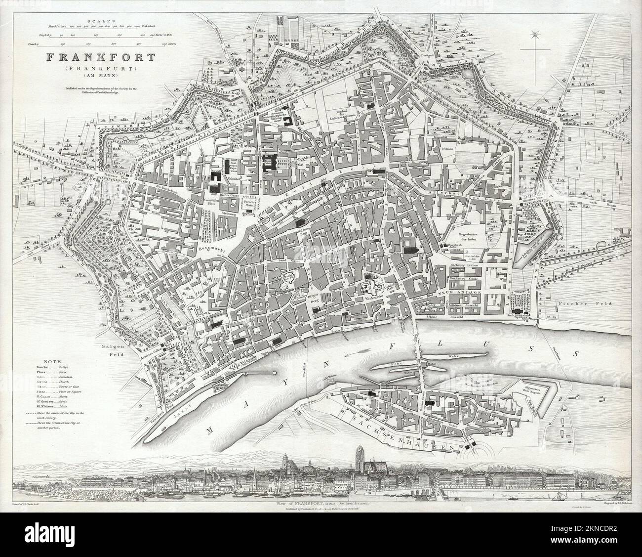 Vintage city plan of Frankfurt and area around it from 19th century. Maps are beautifully hand illustrated and engraved showing it at the time. Stock Photo