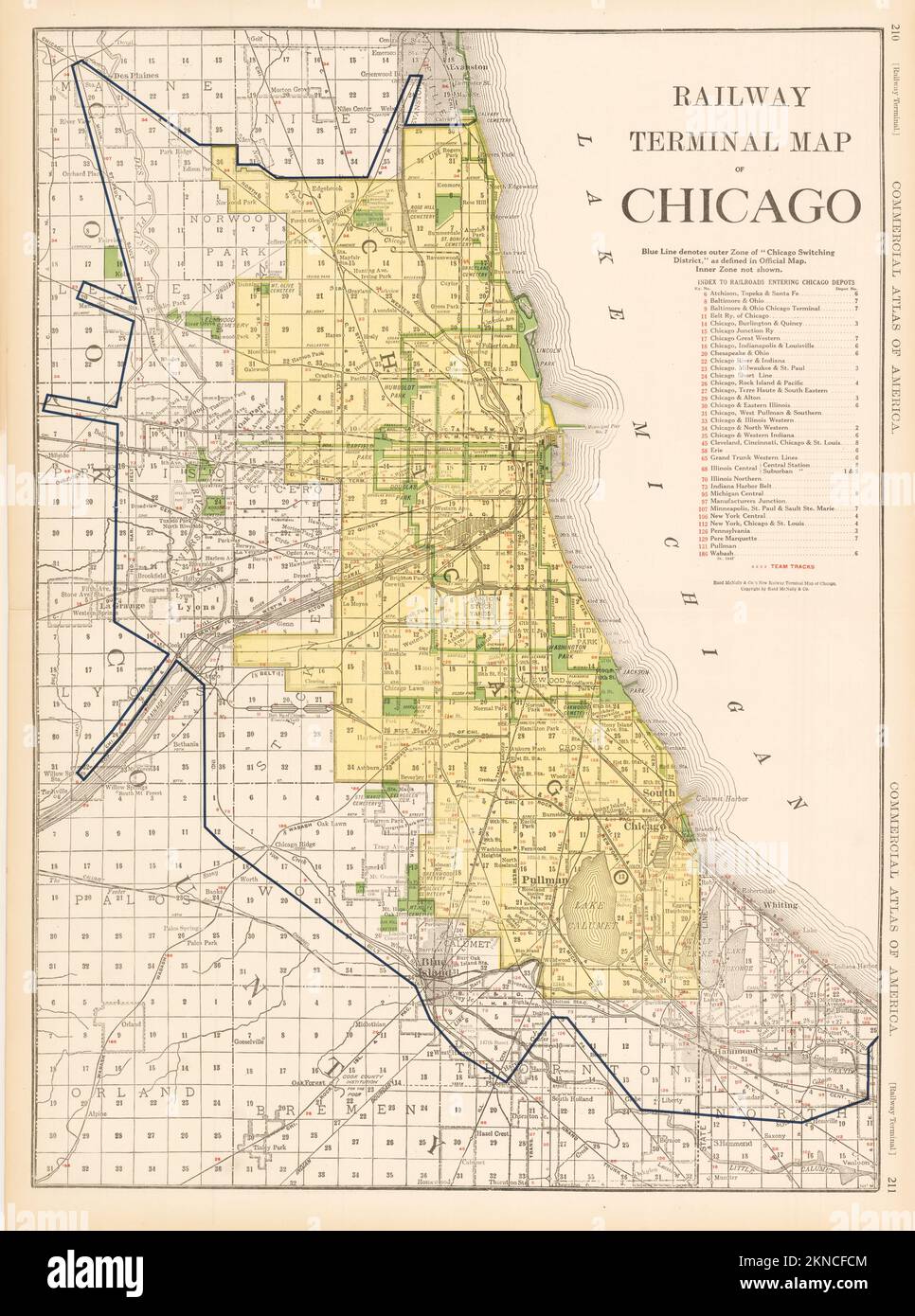 Vintage city plan of Chicago and area around it from 20th century. Maps are beautifully hand illustrated and engraved showing it at the time. Stock Photo