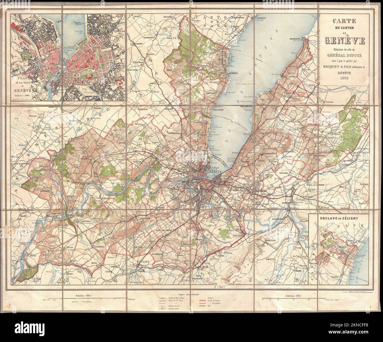 Vintage city plan of Geneva and area around it from 20th century. Maps are beautifully hand illustrated and engraved showing it at the time. Stock Photo
