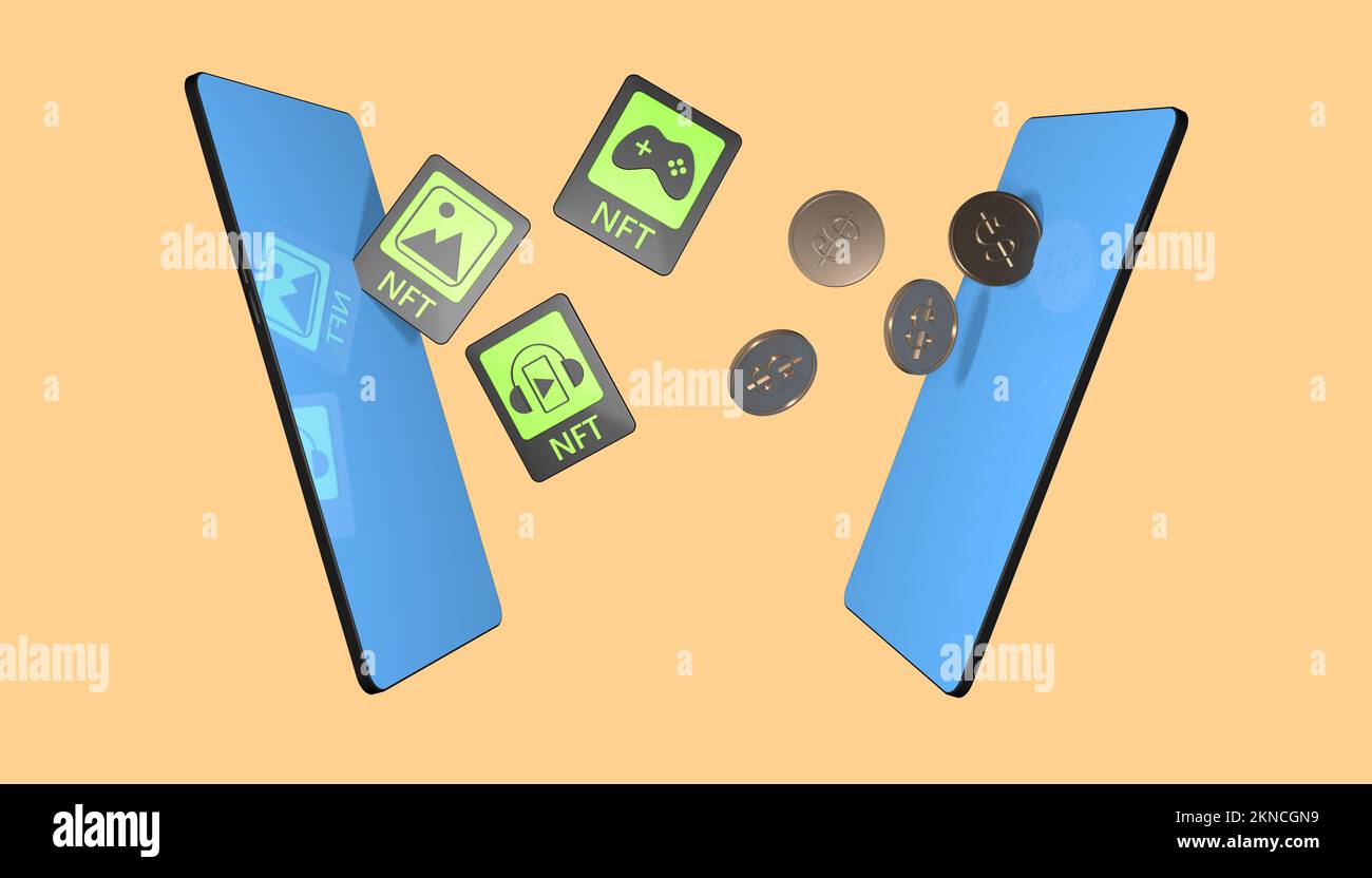 NFT transaction concept. Phone exchange. 3D rendering Stock Photo Alamy