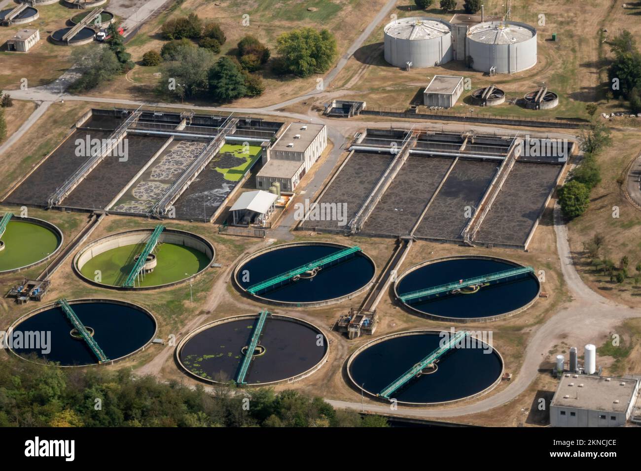 aerial view of water and sewerage treatment facility Stock Photo