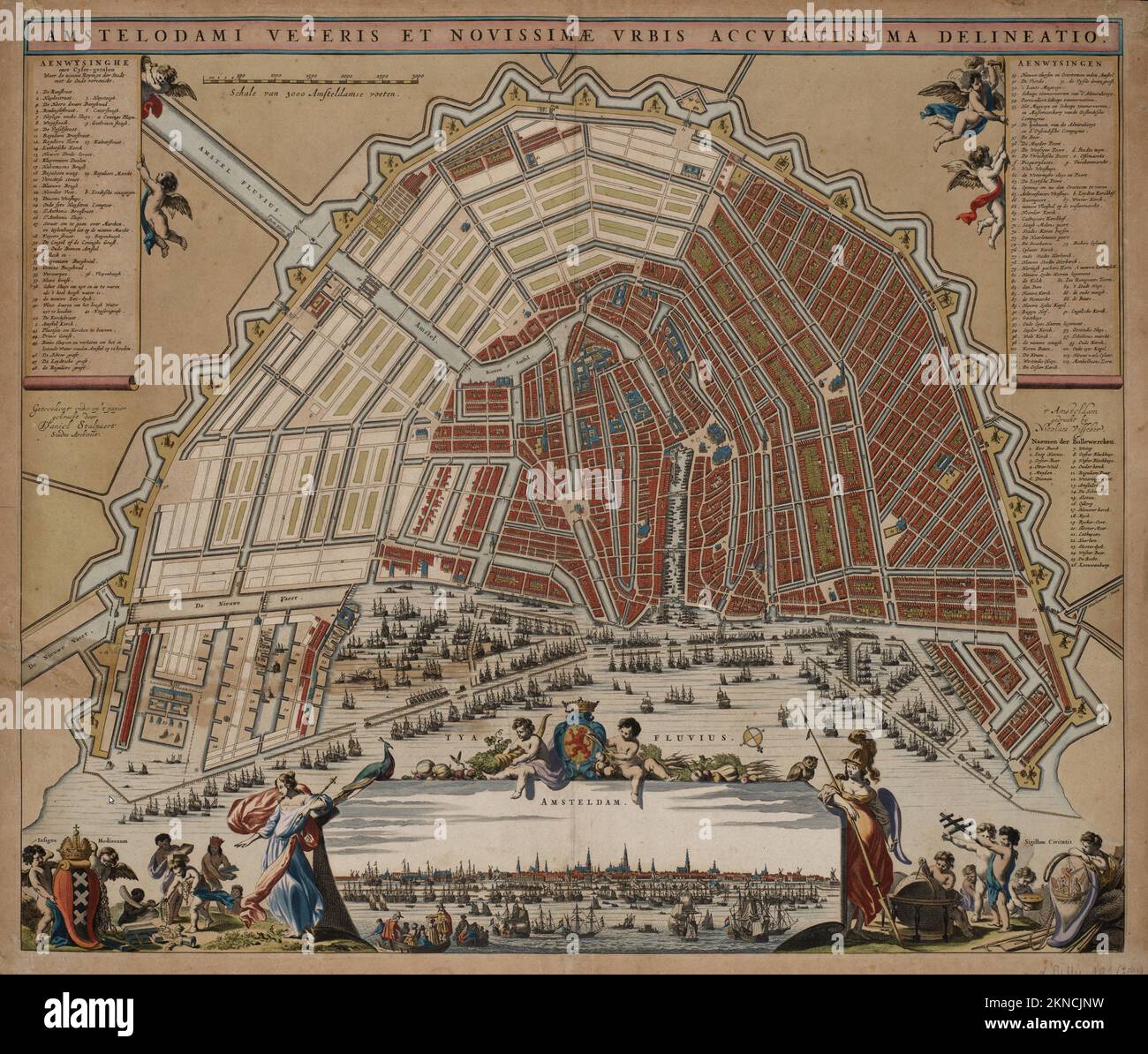 Vintage city plan of Amsterdam and area around it from 16th-18th century. Maps are beautifully hand illustrated and engraved showing it at the time. Stock Photo