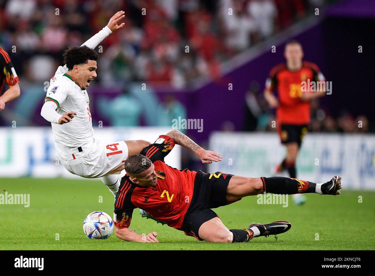 DOHA, QATAR - NOVEMBER 27: Zakaria Aboukhlal of Morocco battles for the ball with Toby Alderweireld of Belgium during the Group F - FIFA World Cup Qatar 2022 match between Belgium and Morocco at the Al Thumama Stadium on November 27, 2022 in Doha, Qatar (Photo by Pablo Morano/BSR Agency) Stock Photo