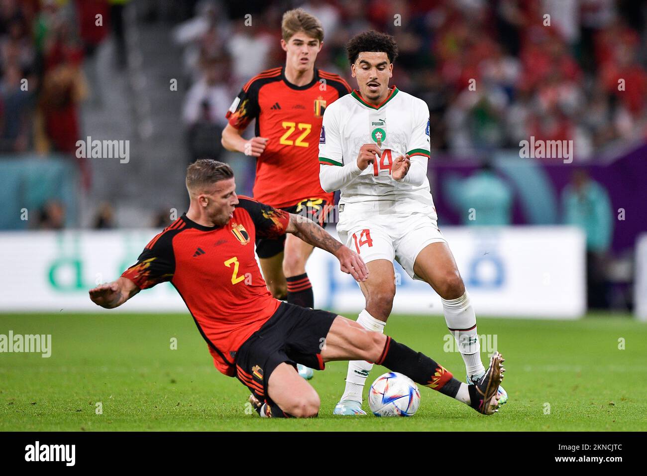 DOHA, QATAR - NOVEMBER 27: Zakaria Aboukhlal of Morocco battles for the ball with Toby Alderweireld of Belgium during the Group F - FIFA World Cup Qatar 2022 match between Belgium and Morocco at the Al Thumama Stadium on November 27, 2022 in Doha, Qatar (Photo by Pablo Morano/BSR Agency) Stock Photo