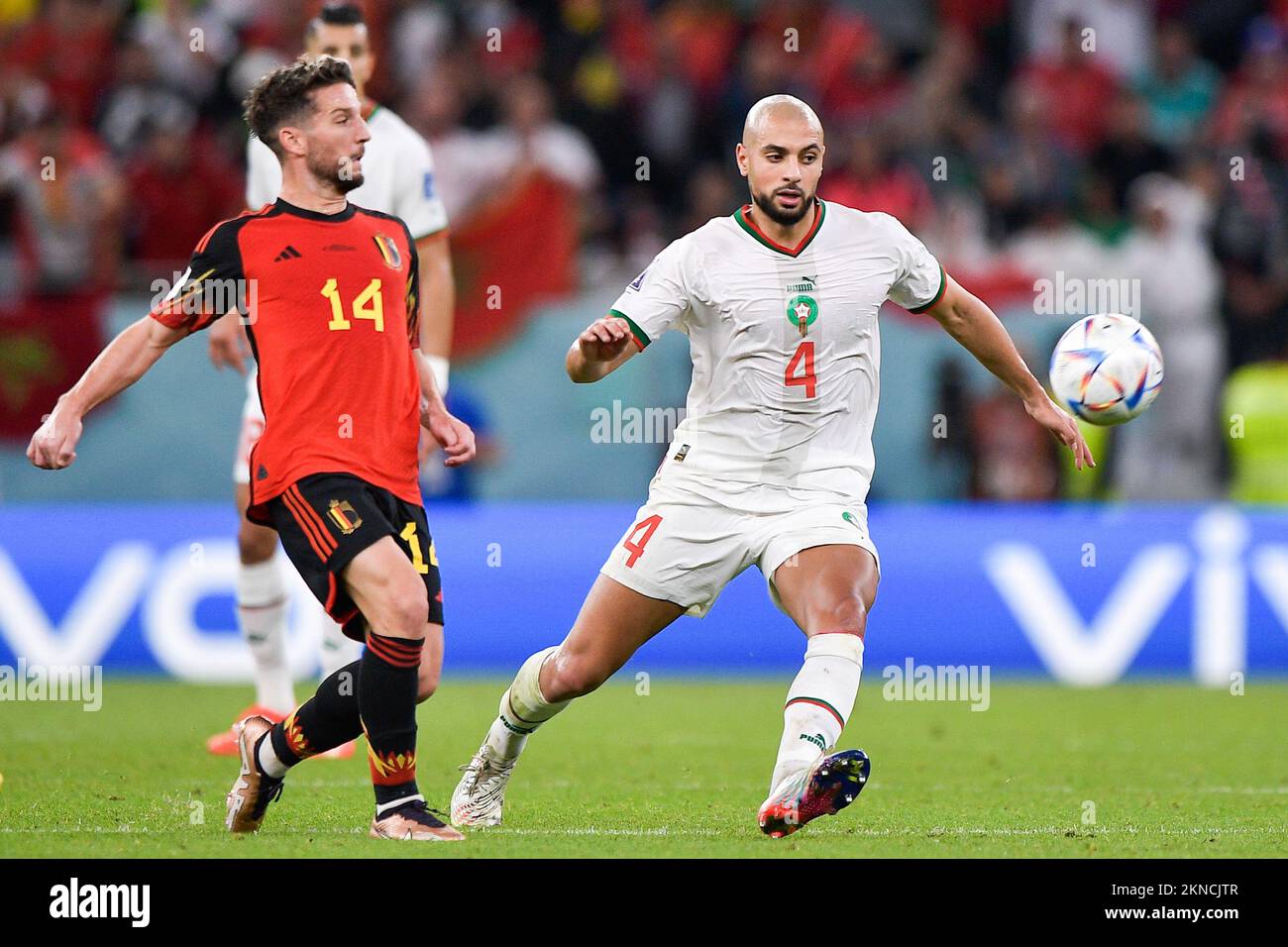 DOHA, QATAR - NOVEMBER 27: Dries Mertens of Belgium and Sofyan Amrabat of  Morocco during the Group F - FIFA World Cup Qatar 2022 match between Belgium  and Morocco at the Al