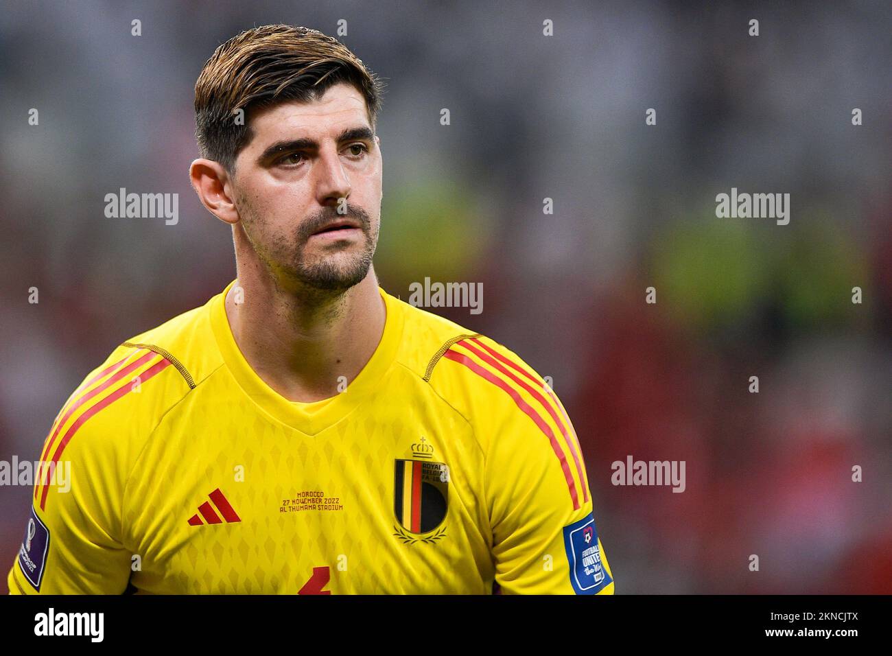 DOHA, QATAR - NOVEMBER 27: Thibaut Courtois of Belgium looks on during the Group F - FIFA World Cup Qatar 2022 match between Belgium and Morocco at the Al Thumama Stadium on November 27, 2022 in Doha, Qatar (Photo by Pablo Morano/BSR Agency) Stock Photo