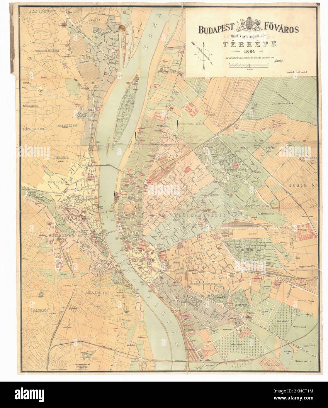 Vintage city plan of Budapest and area around it from 19th century. Maps are beautifully hand illustrated and engraved showing it at the time. Stock Photo