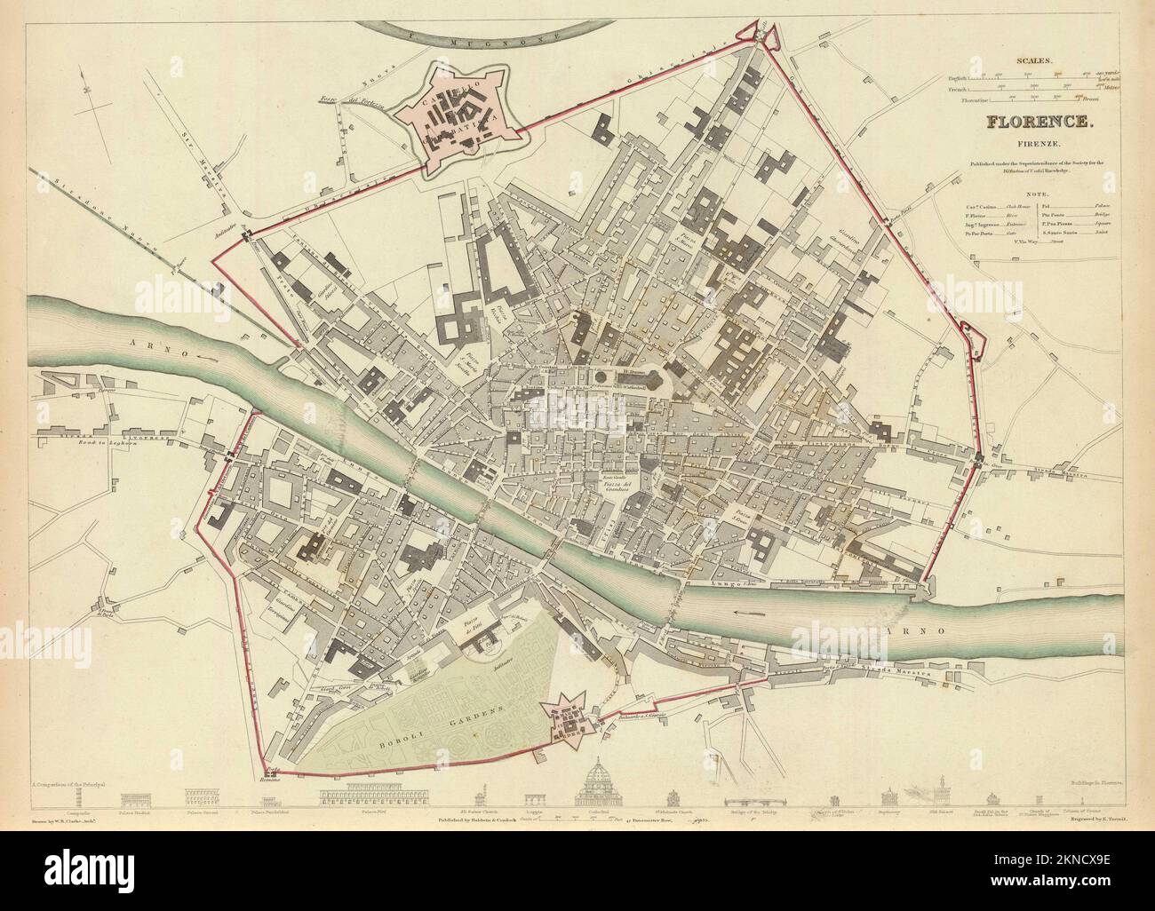 Vintage city plan of Florence and area around it from 16th-18th century. Maps are beautifully hand illustrated and engraved showing it at the time. Stock Photo