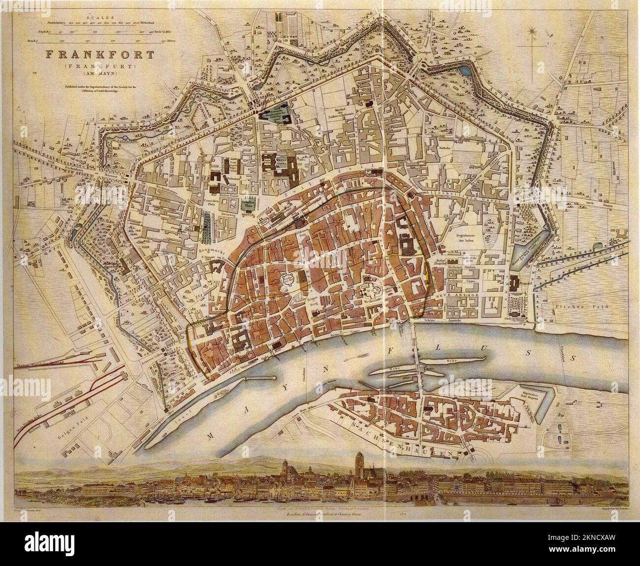 Vintage city plan of Frankfurt and area around it from 19th century. Maps are beautifully hand illustrated and engraved showing it at the time. Stock Photo