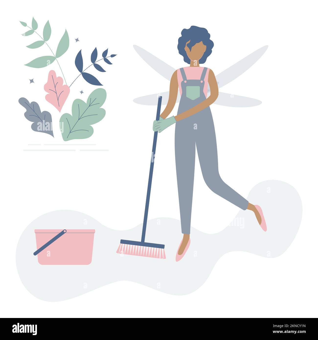 Cleaning lady is Afro woman or girl like fairy with wings with brush and bucket.Cute maid of beautiful leaves.Raster illustration.Advertising of clean Stock Photo