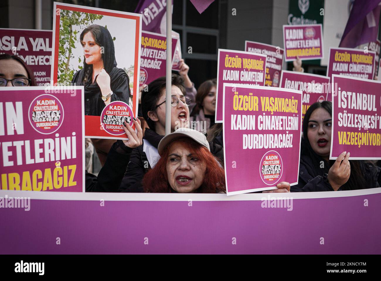 Ankara, Turkey. 27th Nov, 2022. Protesters hold placards and a banner expressing their opinions during the demonstration. We Will Stop Femicides Platform Women Assembly, held a protest in Sakarya Square on the International Day for the Elimination of Violence Against Women. Credit: SOPA Images Limited/Alamy Live News Stock Photo