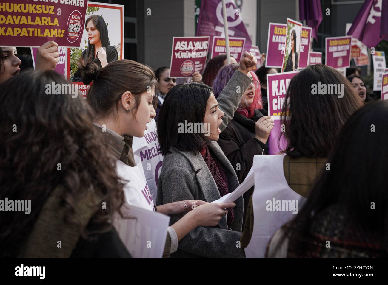 Ankara, Turkey. 27th Nov, 2022. A protester chants slogans during the demonstration. We Will Stop Femicides Platform Women Assembly, held a protest in Sakarya Square on the International Day for the Elimination of Violence Against Women. Credit: SOPA Images Limited/Alamy Live News Stock Photo