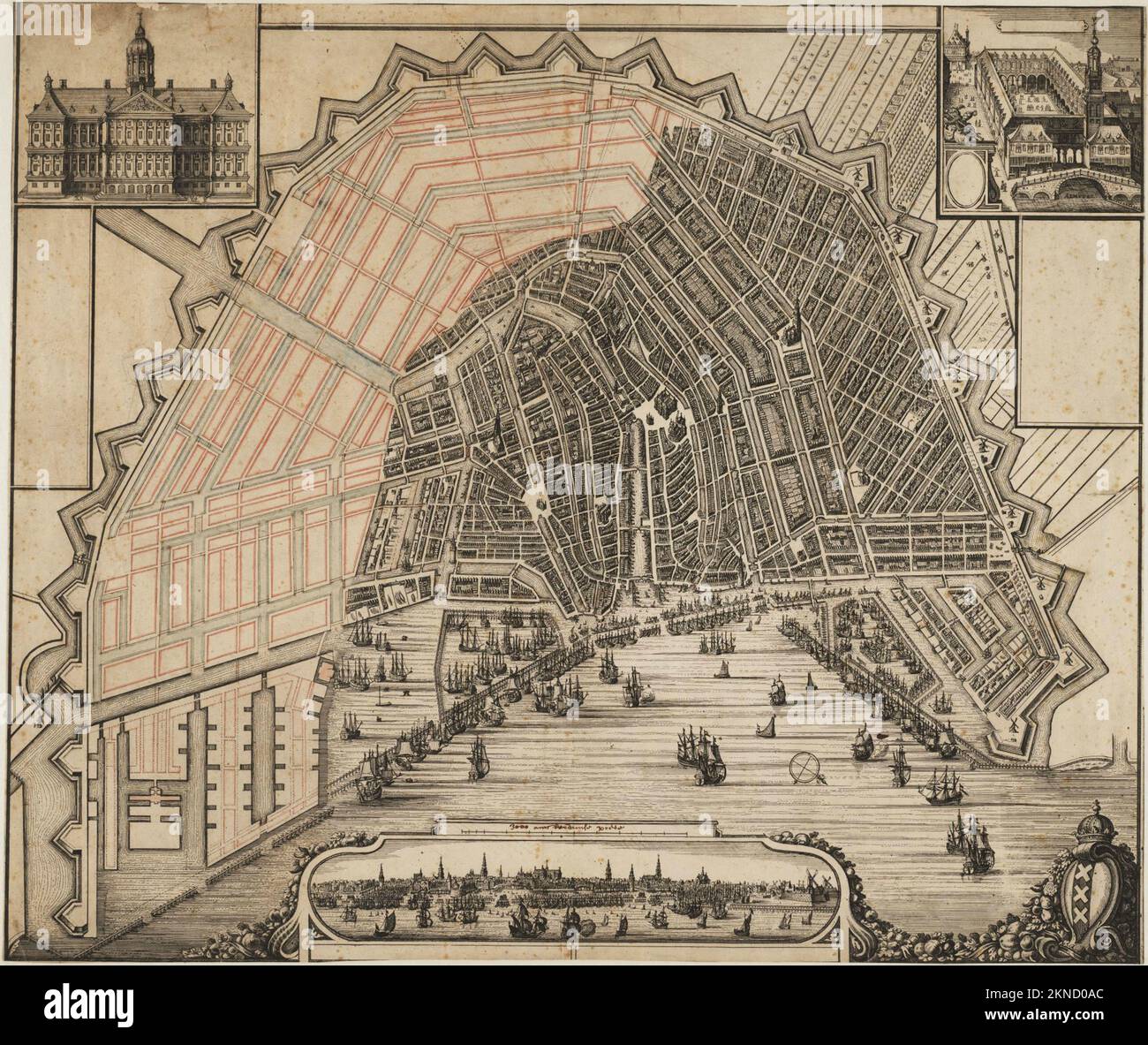 Vintage city plan of Amsterdam and area around it from 16th-18th century. Maps are beautifully hand illustrated and engraved showing it at the time. Stock Photo