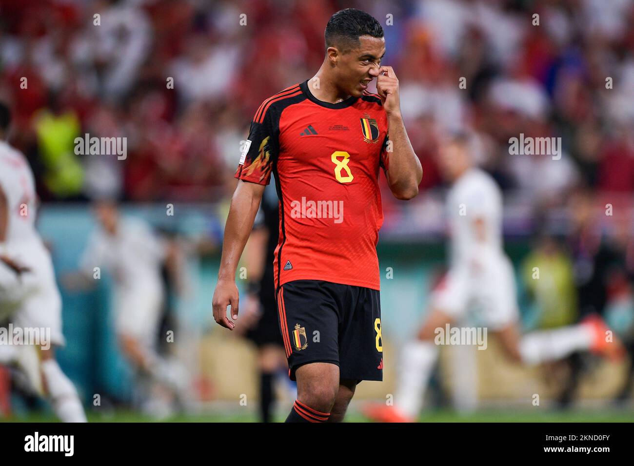 DOHA, QATAR - NOVEMBER 27: Youri Tielemans of Belgium looks dejected after conceding his sides second goal during the Group F - FIFA World Cup Qatar 2022 match between Belgium and Morocco at the Al Thumama Stadium on November 27, 2022 in Doha, Qatar (Photo by Pablo Morano/BSR Agency) Stock Photo