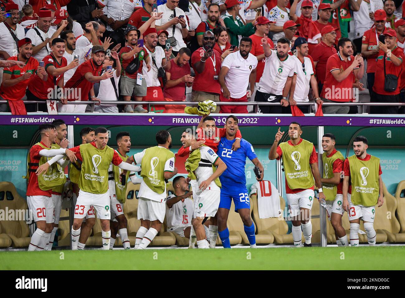DOHA, QATAR - NOVEMBER 27: Players of Morocco celebrating their sides second goal during the Group F - FIFA World Cup Qatar 2022 match between Belgium and Morocco at the Al Thumama Stadium on November 27, 2022 in Doha, Qatar (Photo by Pablo Morano/BSR Agency) Stock Photo