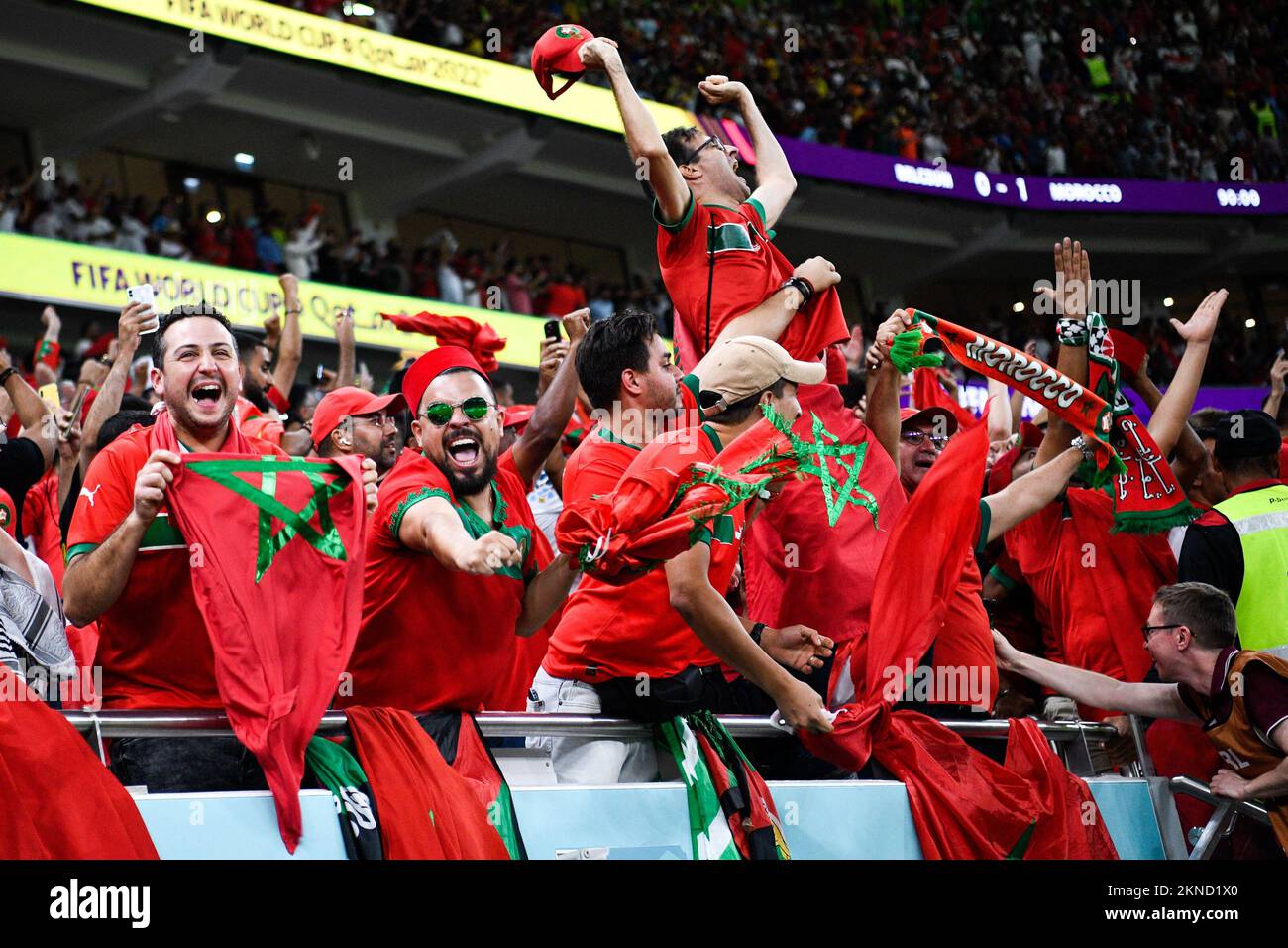 DOHA, QATAR - NOVEMBER 27: Fans and supporters of Morocco celebrating their sides victory during the Group F - FIFA World Cup Qatar 2022 match between Belgium and Morocco at the Al Thumama Stadium on November 27, 2022 in Doha, Qatar (Photo by Pablo Morano/BSR Agency) Stock Photo