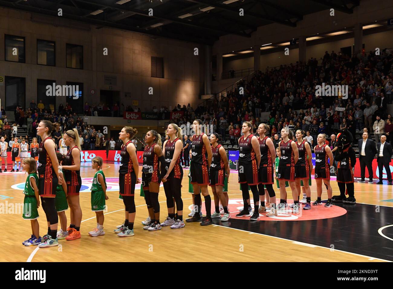 Belgian Cats' players pictured at the start of a basketball game between Belgium's national team The Belgian Cats and Bosnia-Herzegovina, Sunday 27 November 2022 in Leuven, the fourth game in group A of the qualifications for the 2023 Women's Basketball European championships. BELGA PHOTO JOHN THYS Stock Photo