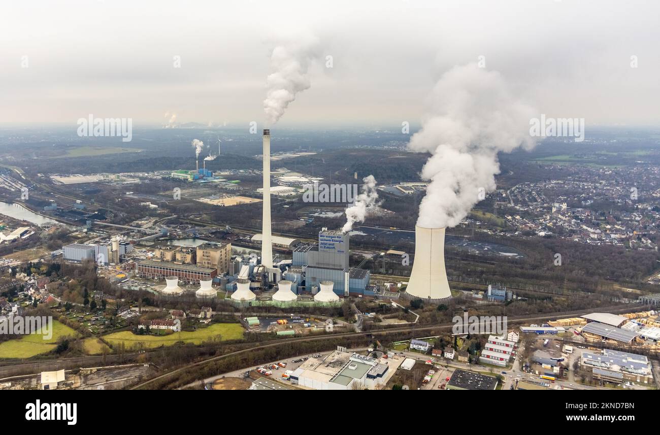 Aerial view, STEAG power plant, Herne combined heat and power plant supplies both electricity from hard coal and district heating, construction site n Stock Photo