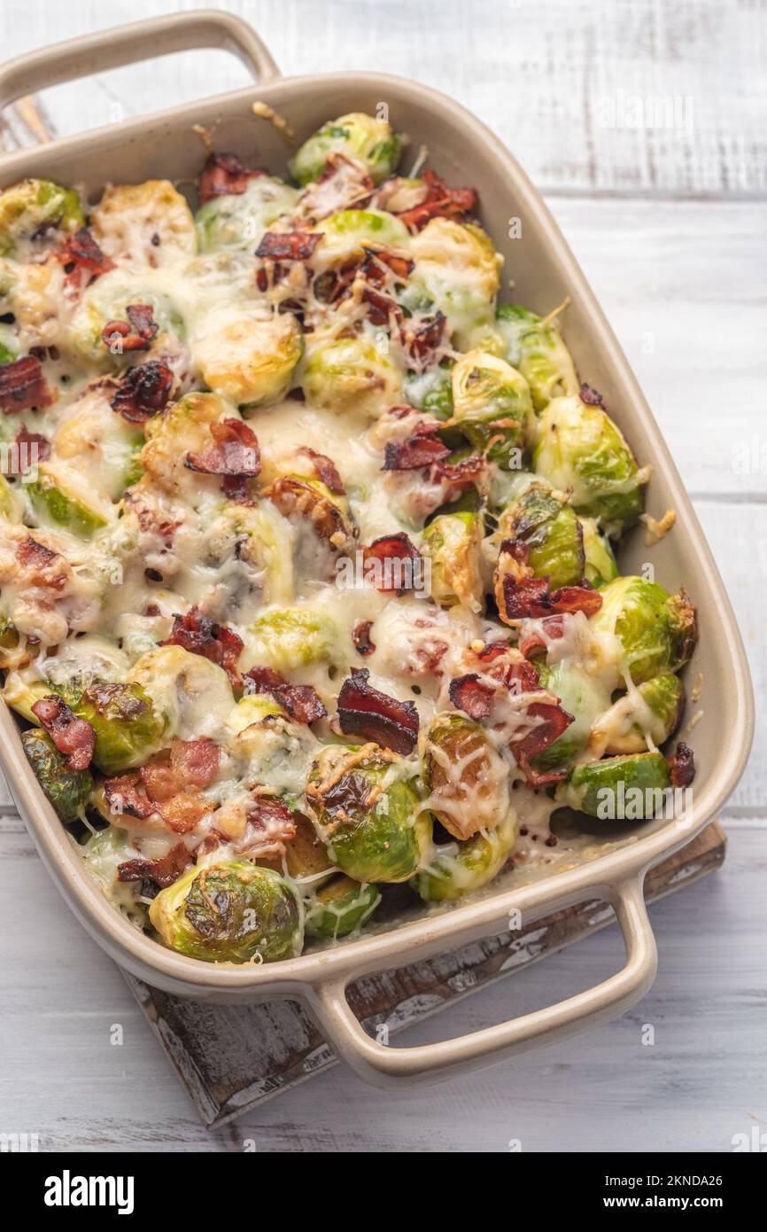 Baked brussel sprout casserole with a bacon and cheese Stock Photo Alamy