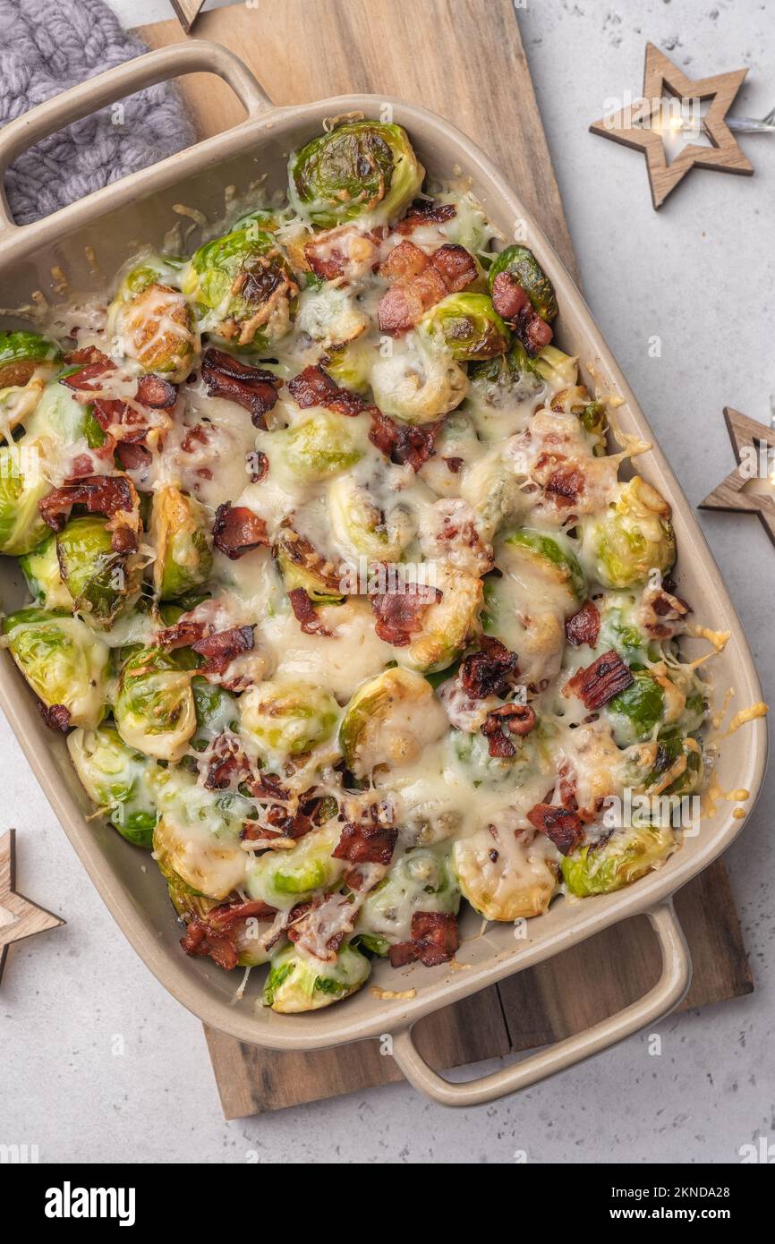 Baked brussel sprout casserole with a bacon and cheese Stock Photo Alamy