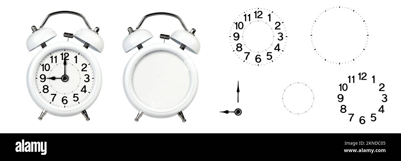 alarm clock without arrows. Empty alarm clock with a set of numbers and arrows. White classic alarm clock on a white background without arrows and Stock Photo