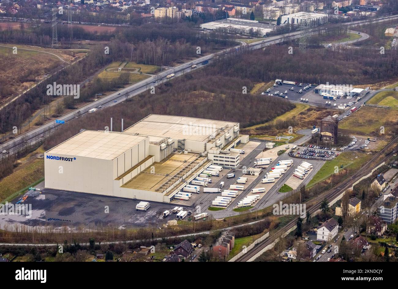 Aerial view, Nordfrost logistics center on the site of the former coal mine Unser Fritz, Am Malakowturm in the district Unser Fritz in Herne, Ruhr are Stock Photo