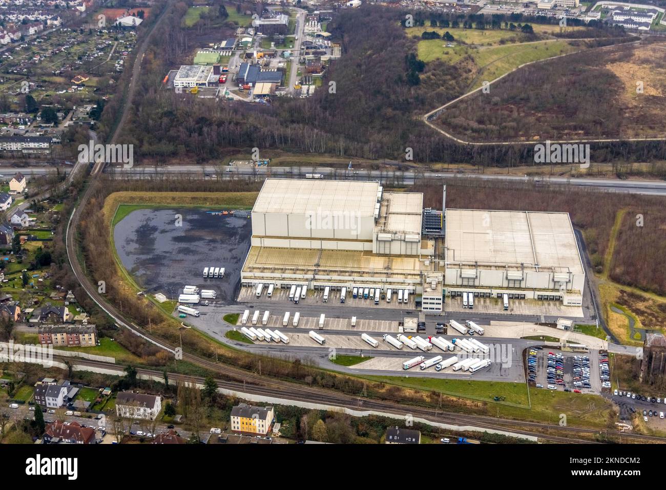 Aerial view, Nordfrost logistics center on the site of the former coal mine Unser Fritz, Am Malakowturm in the district Unser Fritz in Herne, Ruhr are Stock Photo