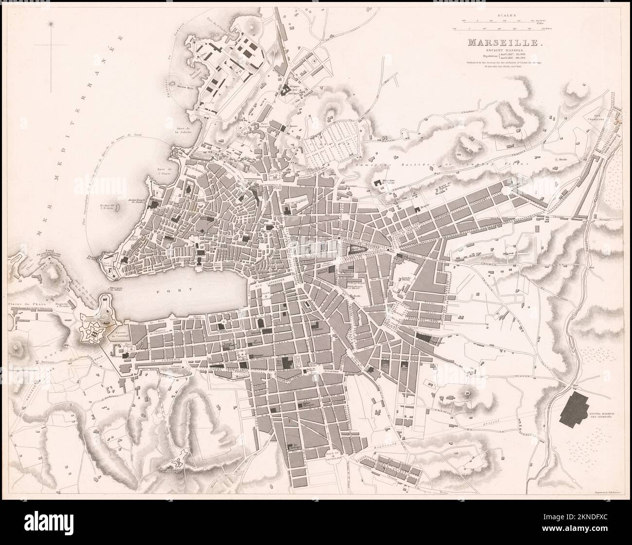 Vintage city plan of Marseille and area around it from19th century ...