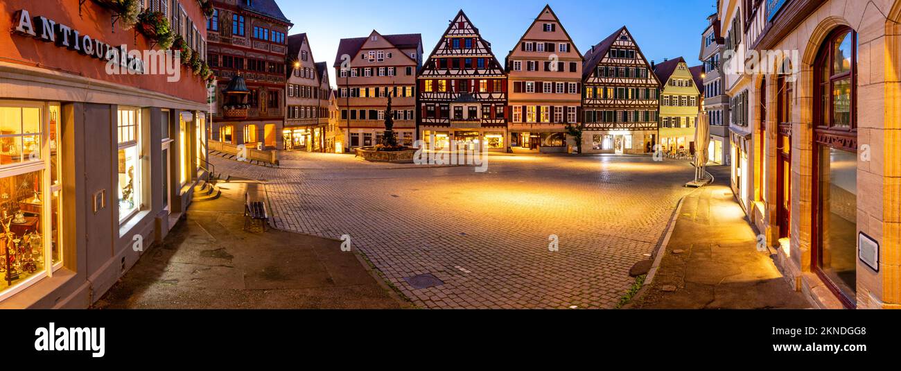 High-res night shot panorama of the historic oldtown of Tübingen, Germany Stock Photo