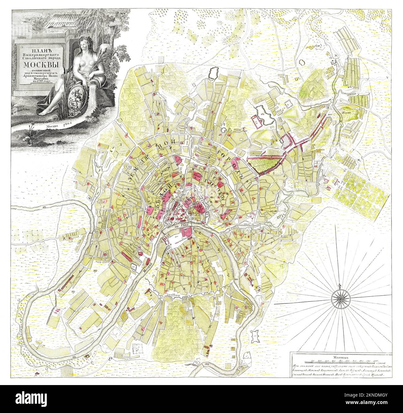 Vintage city plan of Moscow and area around it from 19th century. Maps are beautifully hand illustrated and engraved showing it at the time. Stock Photo