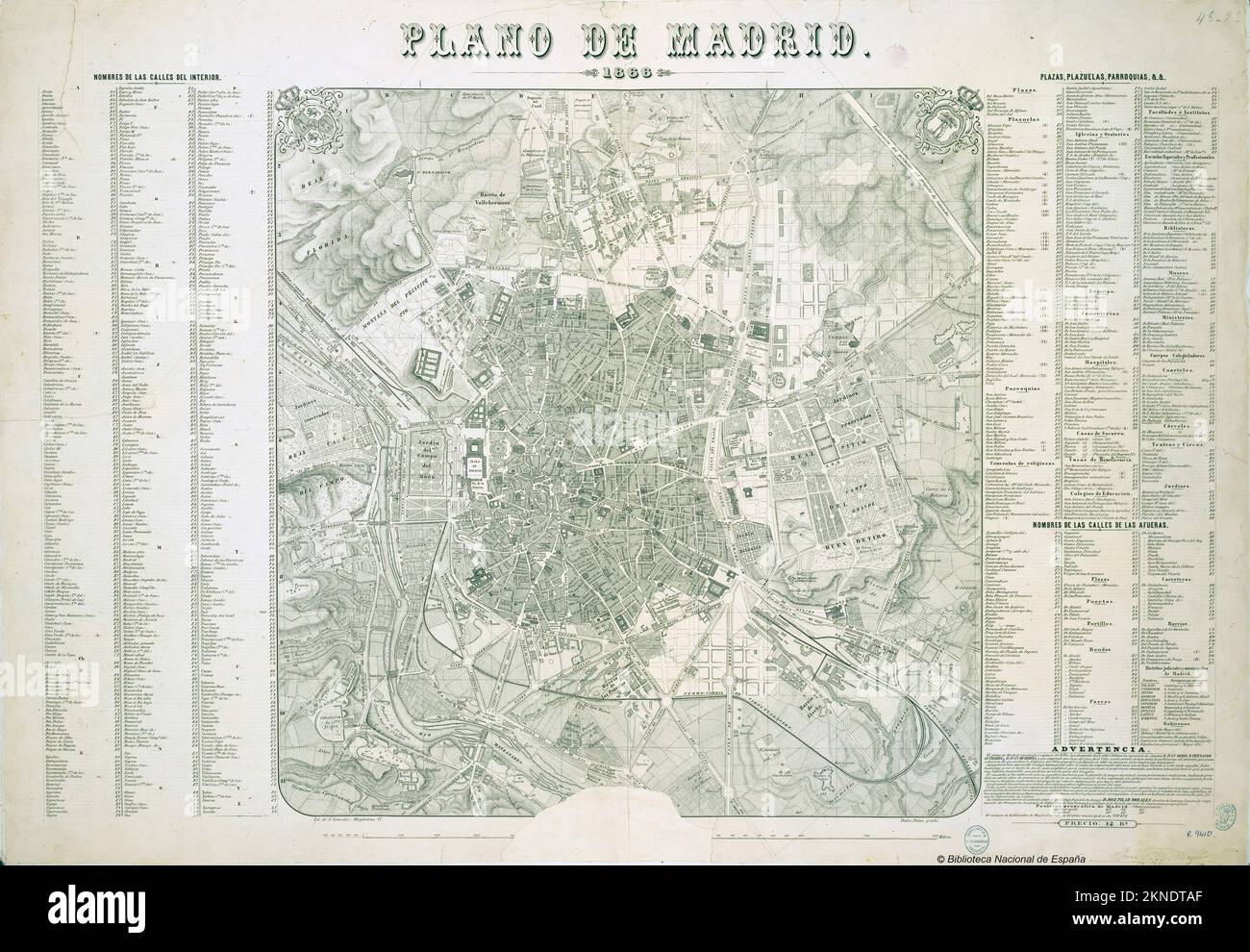 Vintage city plan of Madrid and area around it from 17-19th century. Maps are beautifully hand illustrated and engraved showing it at the time. Stock Photo
