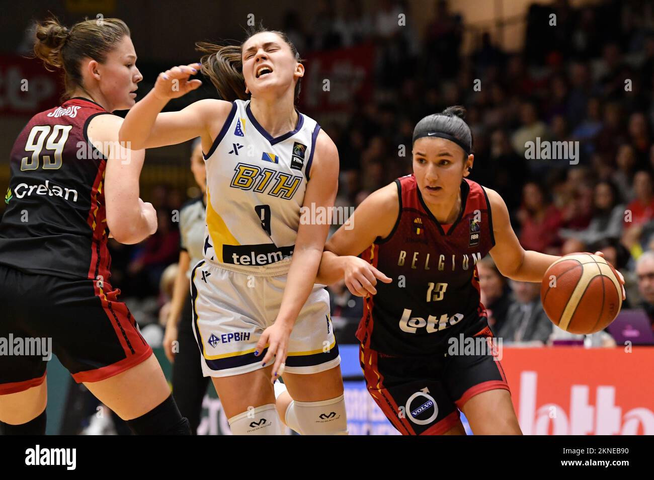 BiH's Dragana Domuzin and Belgium's Hind Ben Abdelkader fight for the ball during a basketball game between Belgium's national team The Belgian Cats and Bosnia-Herzegovina, Sunday 27 November 2022 in Leuven, the fourth game in group A of the qualifications for the 2023 Women's Basketball European championships. BELGA PHOTO JOHN THYS Stock Photo