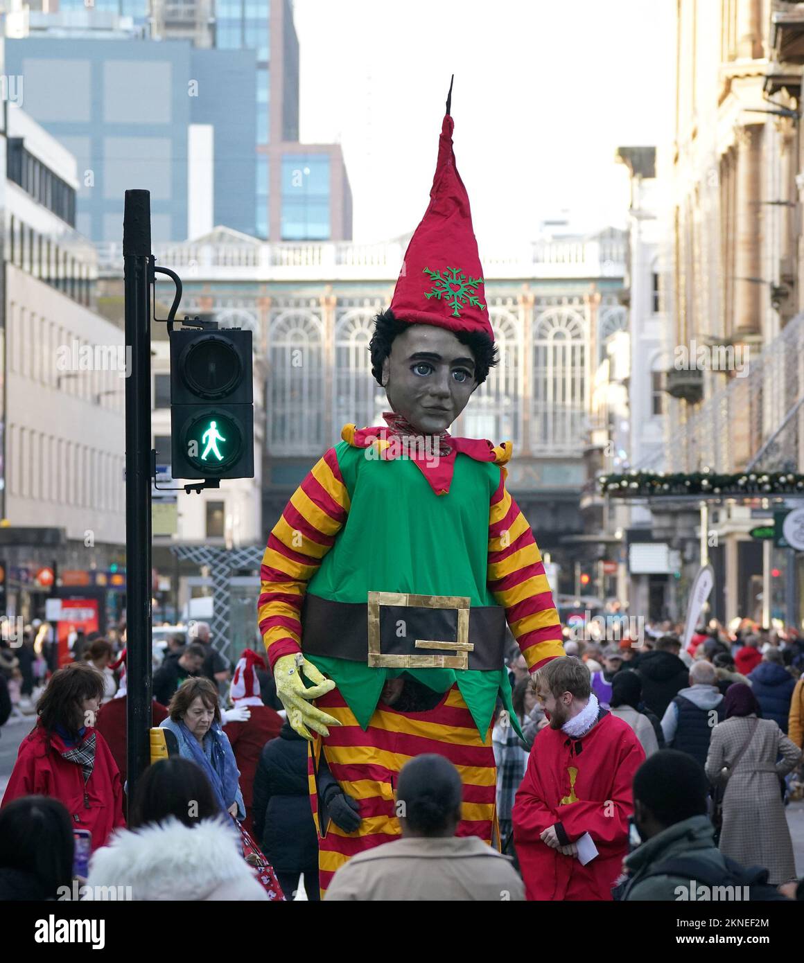 Performers during the eighth Style Mile Christmas Carnival in Glasgow. The Christmas Carnival Carousel will transform the city streets around the Style Mile with a host of magical fantasy characters, giant artworks, performing troupes and dancers and musicians to help get shoppers into the Christmas spirit. Picture date: Sunday November 27, 2022. Stock Photo