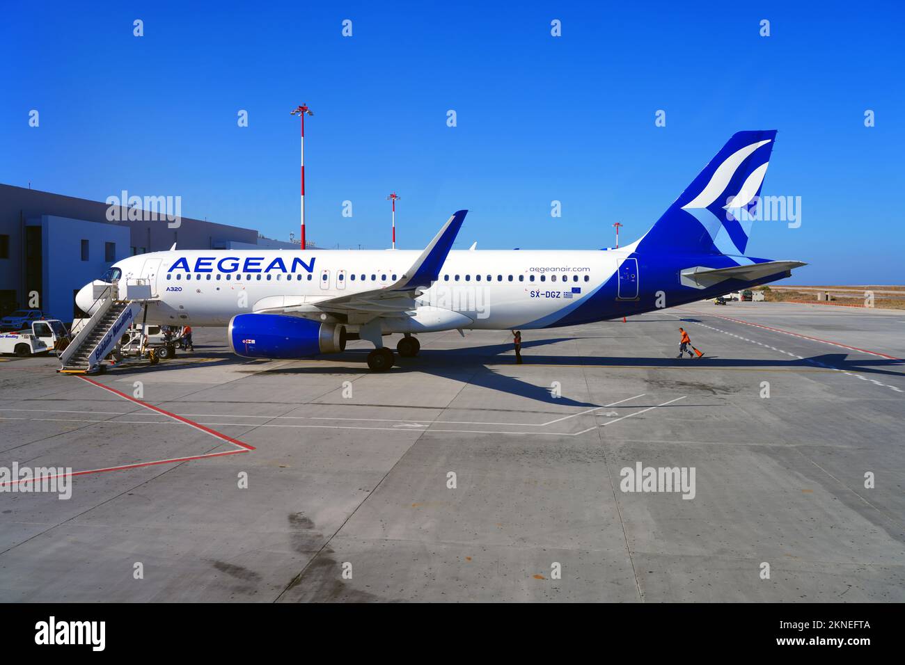 SANTORINI, GREECE 24 OCT 2022 View of an airplane from Greek airline