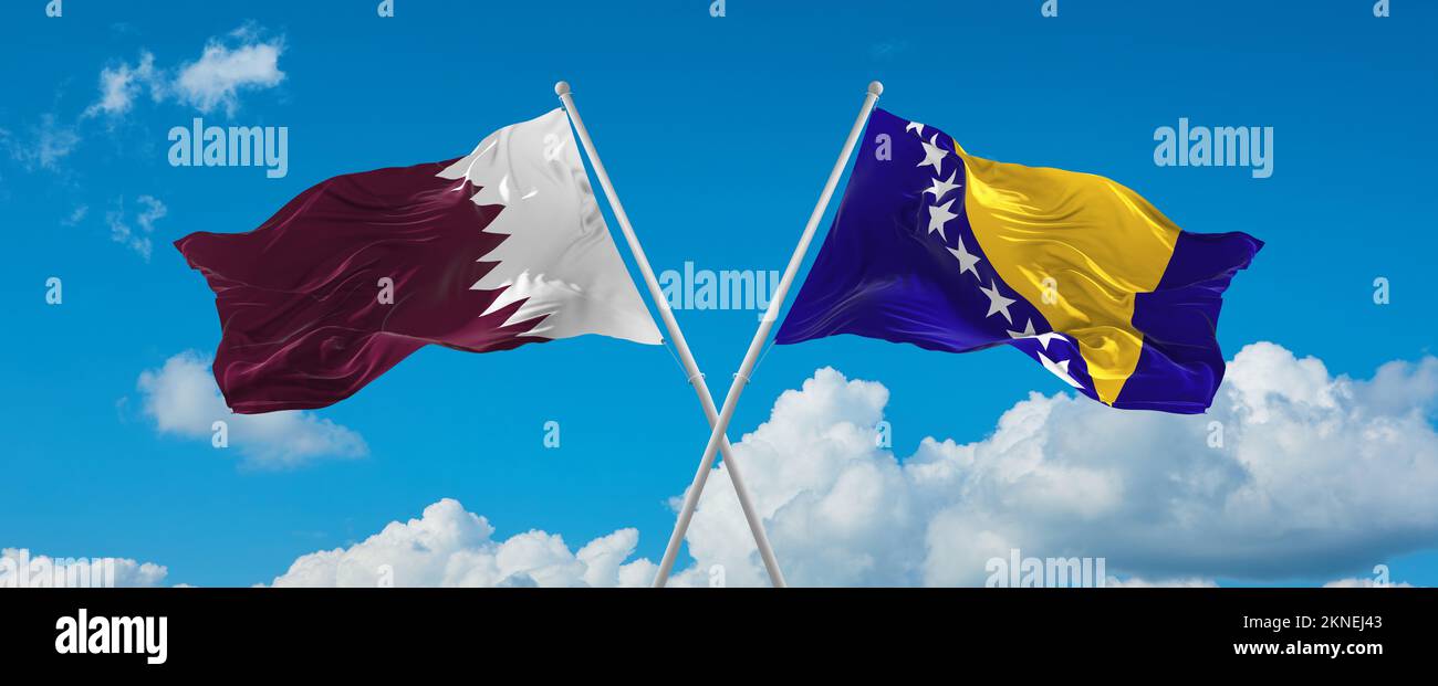 two crossed flags Bosnia and Herzegovina and Qatar waving in wind at ...